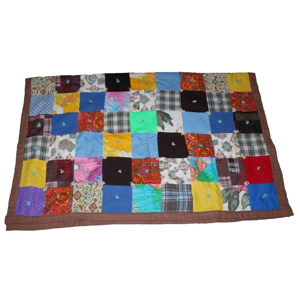 colorful vintage 1970s polyester patchwork quilt yarn ties 44